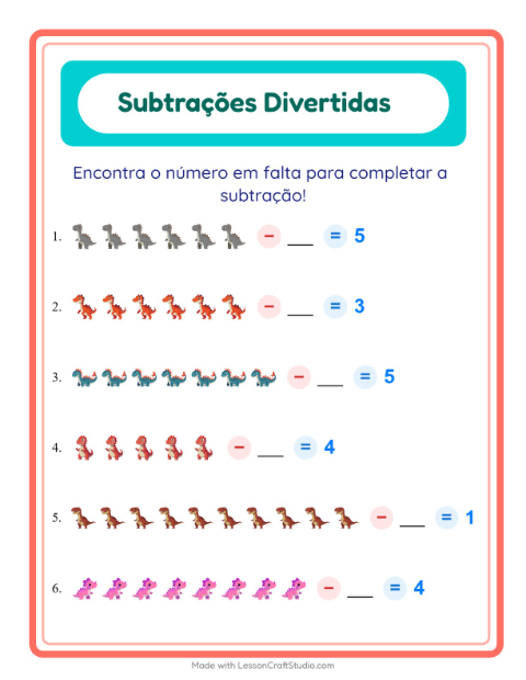 Pré-visualização da ficha de Subtração com Dinossauros para Educação infantil (pré-escola, 5-7 anos)