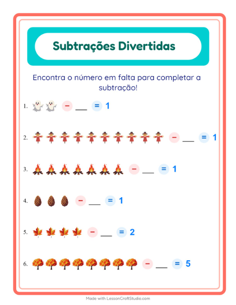 Pré-visualização da ficha de Subtração com Diversos para Educação infantil (pré-escola, 5-7 anos)