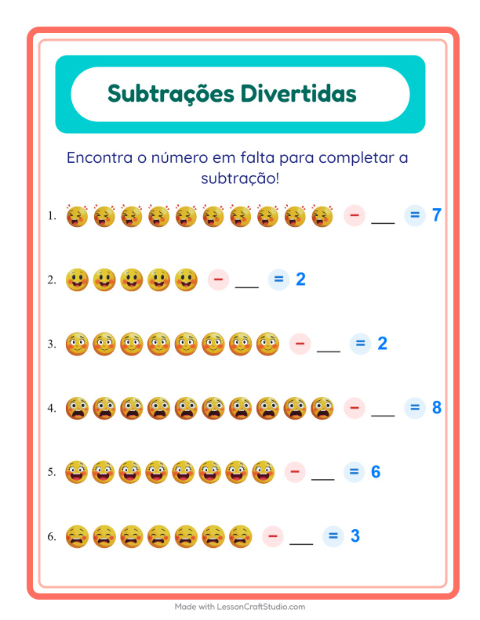 Pré-visualização da ficha de Subtração com Emoções para Educação infantil (pré-escola, 5-7 anos)