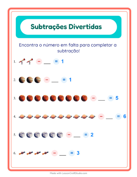 Pré-visualização da ficha de Subtração com Espaço para Educação infantil (pré-escola, 5-7 anos)