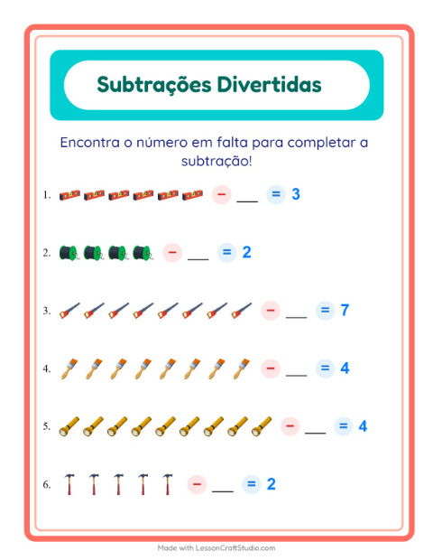 Pré-visualização da ficha de Subtração com Ferramentas para Educação infantil (pré-escola, 5-7 anos)