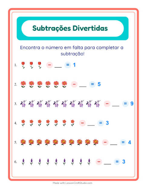 Pré-visualização da ficha de Subtração com Flores para Educação infantil (pré-escola, 5-7 anos)