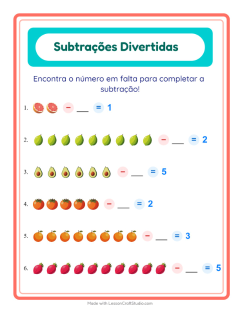 Pré-visualização da ficha de Subtração com Frutas para Educação infantil (pré-escola, 5-7 anos)