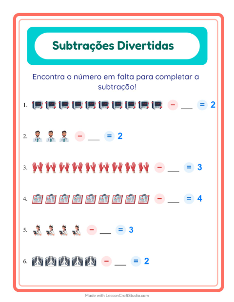 Pré-visualização da ficha de Subtração com Hospital para Educação infantil (pré-escola, 5-7 anos)