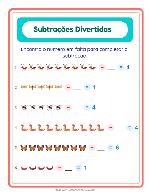 Pré-visualização da ficha de Subtração com Insetos e bichos para Educação infantil (pré-escola, 5-7 anos)