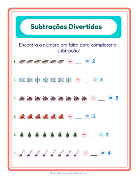 Pré-visualização da ficha de Subtração com Inverno para Educação infantil (pré-escola, 5-7 anos)
