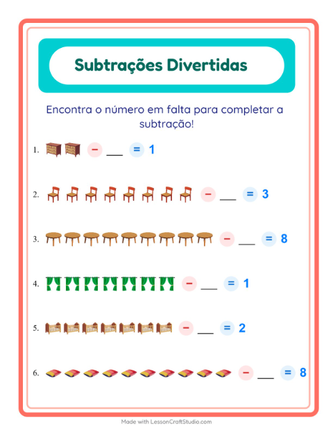 Pré-visualização da ficha de Subtração com Móveis para Educação infantil (pré-escola, 5-7 anos)