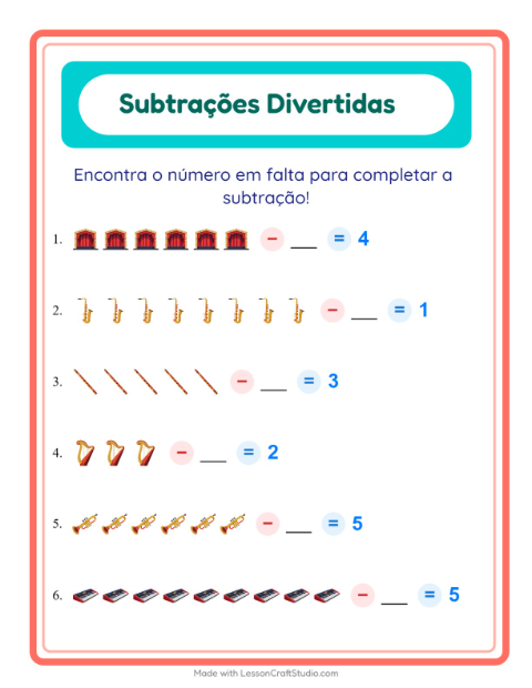 Pré-visualização da ficha de Subtração com Música para Educação infantil (pré-escola, 5-7 anos)
