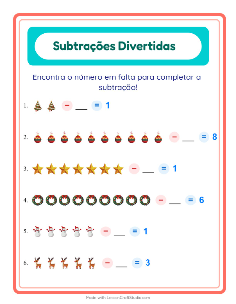 Pré-visualização da ficha de Subtração com Natal para Educação infantil (pré-escola, 5-7 anos)