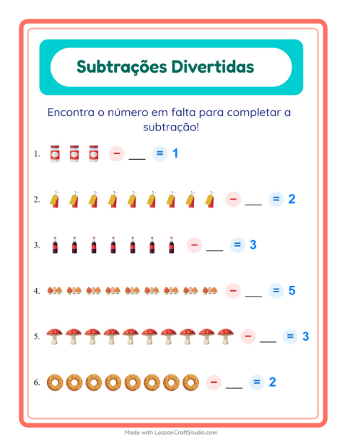 Pré-visualização da ficha de Subtração com No supermercado para Educação infantil (pré-escola, 5-7 anos)