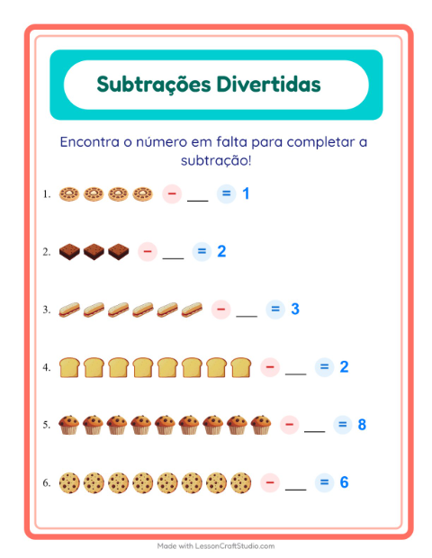 Pré-visualização da ficha de Subtração com Padaria para Educação infantil (pré-escola, 5-7 anos)