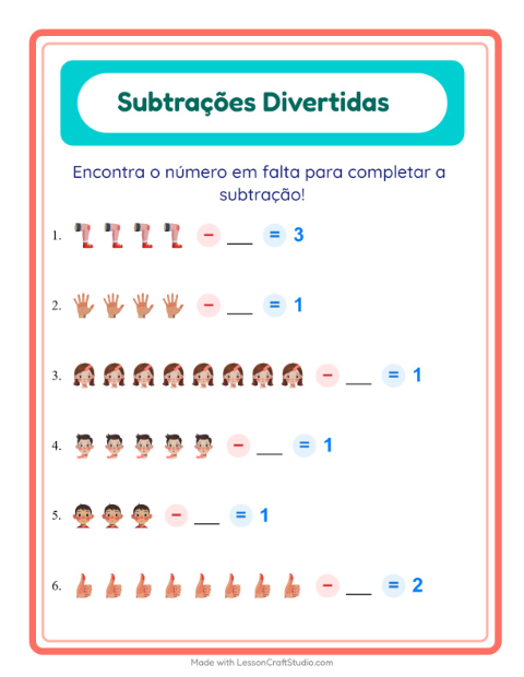 Pré-visualização da ficha de Subtração com Partes do corpo para Educação infantil (pré-escola, 5-7 anos)