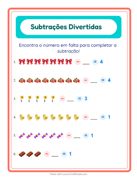 Pré-visualização da ficha de Subtração com Páscoa para Educação infantil (pré-escola, 5-7 anos)