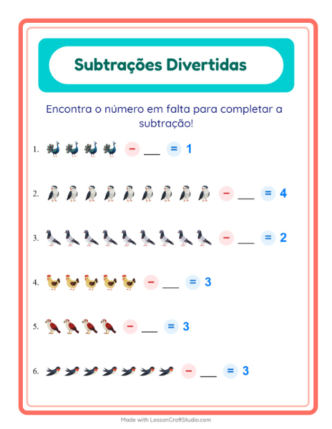 Pré-visualização da ficha de Subtração com Pássaros 2 para Educação infantil (pré-escola, 5-7 anos)
