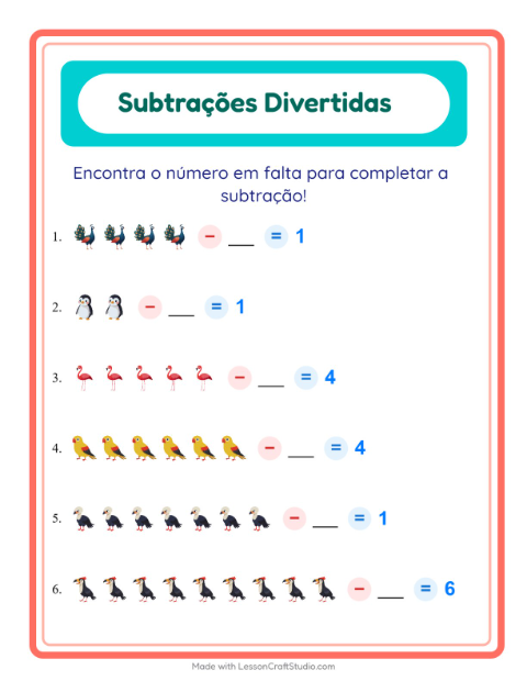 Pré-visualização da ficha de Subtração com Pássaros para Educação infantil (pré-escola, 5-7 anos)