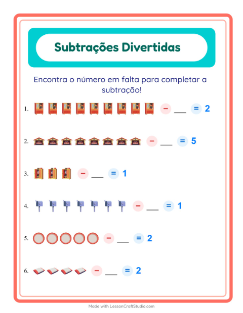 Pré-visualização da ficha de Subtração com Pela casa para Educação infantil (pré-escola, 5-7 anos)
