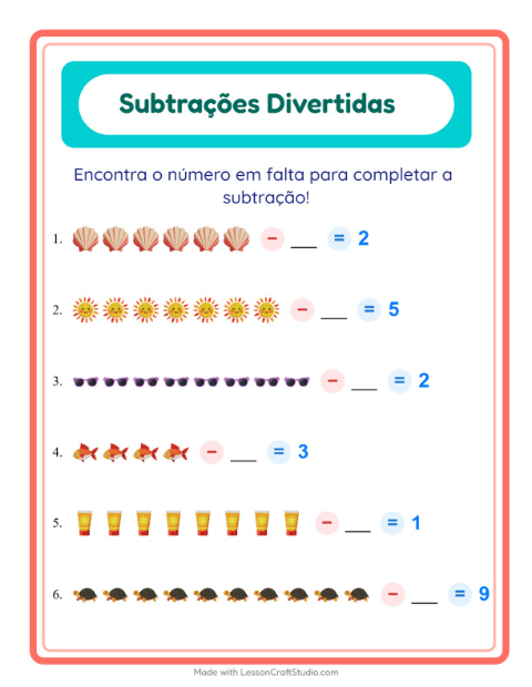 Pré-visualização da ficha de Subtração com Praia para Educação infantil (pré-escola, 5-7 anos)