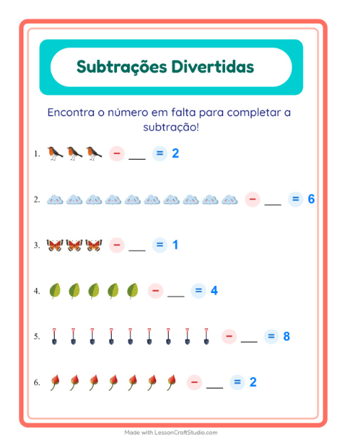 Pré-visualização da ficha de Subtração com Primavera para Educação infantil (pré-escola, 5-7 anos)