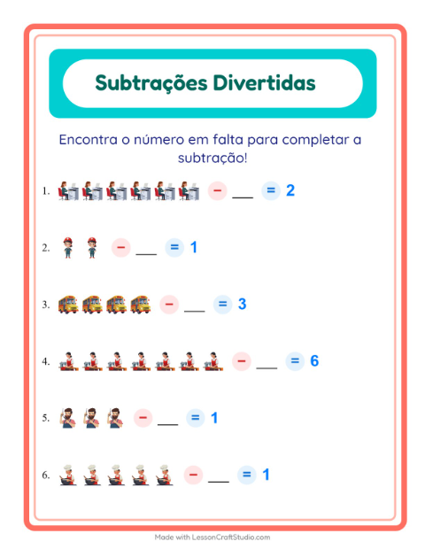 Pré-visualização da ficha de Subtração com Profissões para Educação infantil (pré-escola, 5-7 anos)