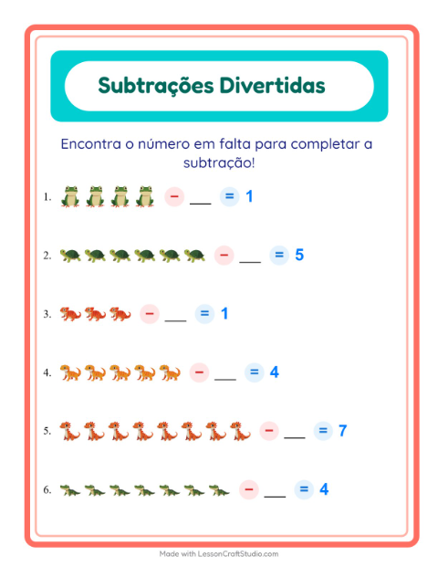 Pré-visualização da ficha de Subtração com Répteis e anfíbios para Educação infantil (pré-escola, 5-7 anos)
