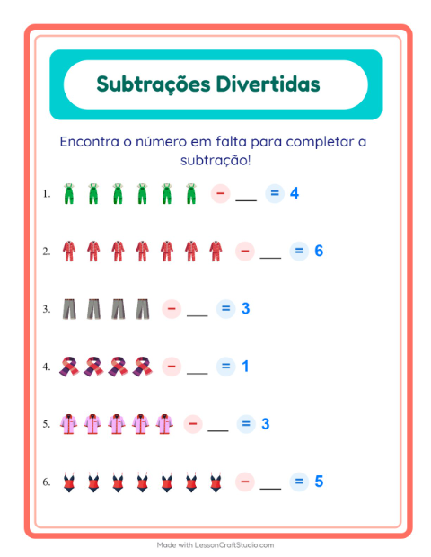 Pré-visualização da ficha de Subtração com Roupas para Educação infantil (pré-escola, 5-7 anos)