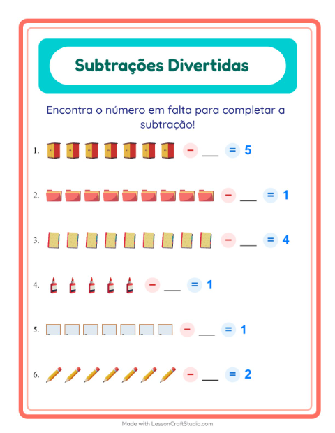Pré-visualização da ficha de Subtração com Sala de aula para Educação infantil (pré-escola, 5-7 anos)