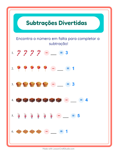Pré-visualização da ficha de Subtração com Sobremesas e doces para Educação infantil (pré-escola, 5-7 anos)