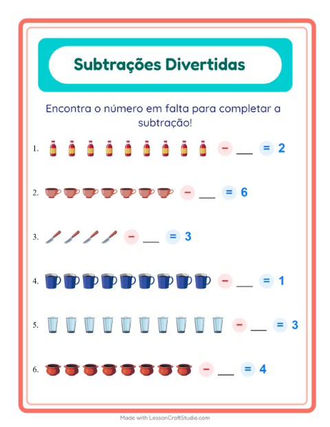 Pré-visualização da ficha de Subtração com Utensílios de cozinha para Educação infantil (pré-escola, 5-7 anos)