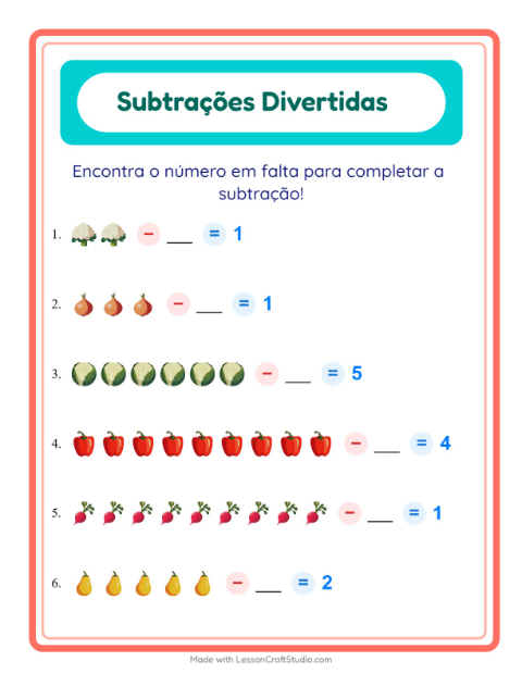 Pré-visualização da ficha de Subtração com Vegetais para Educação infantil (pré-escola, 5-7 anos)