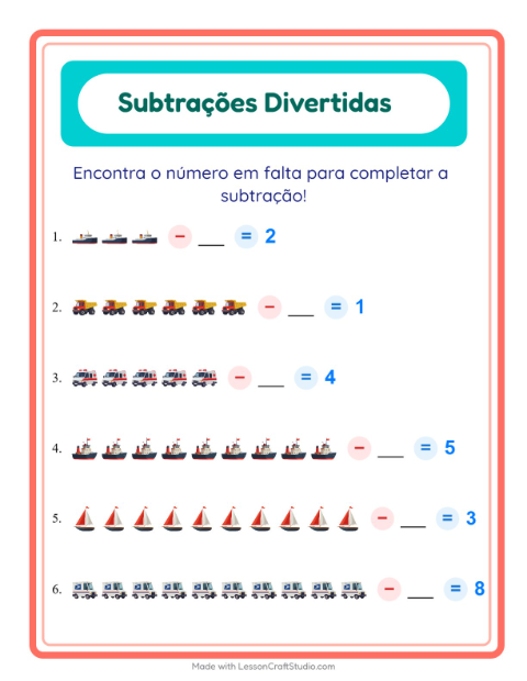 Pré-visualização da ficha de Subtração com Veículos para Educação infantil (pré-escola, 5-7 anos)