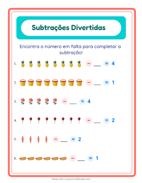 Pré-visualização da ficha de Subtração com Verão para Educação infantil (pré-escola, 5-7 anos)