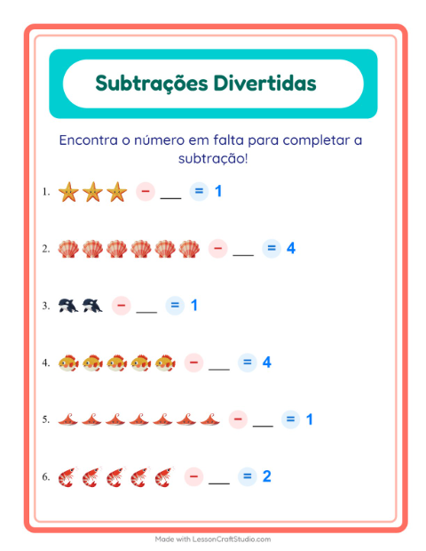 Pré-visualização da ficha de Subtração com Vida marinha para Educação infantil (pré-escola, 5-7 anos)