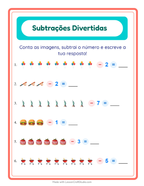 Pré-visualização da ficha de Subtração com 4 de Julho para Educação infantil (pré-escola, 5-7 anos)