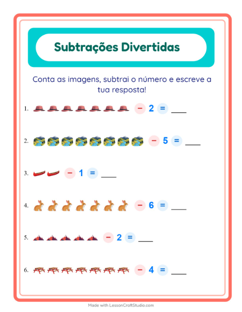 Pré-visualização da ficha de Subtração com Acampamento para Educação infantil (pré-escola, 5-7 anos)