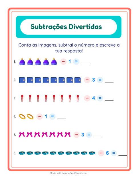 Pré-visualização da ficha de Subtração com Acessórios para Educação infantil (pré-escola, 5-7 anos)