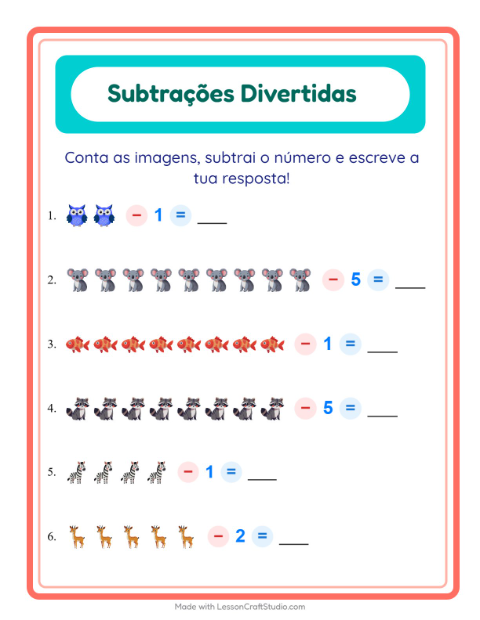 Pré-visualização da ficha de Subtração com Animais para Educação infantil (pré-escola, 5-7 anos)