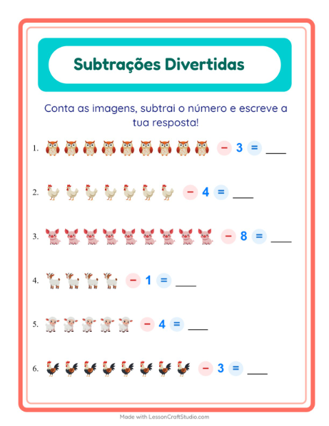 Pré-visualização da ficha de Subtração com Animais da fazenda para Educação infantil (pré-escola, 5-7 anos)