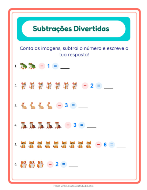 Pré-visualização da ficha de Subtração com Animais de estimação para Educação infantil (pré-escola, 5-7 anos)