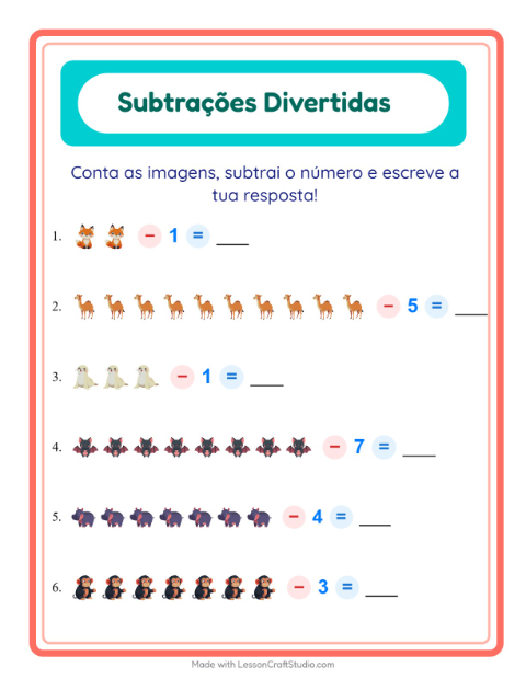 Pré-visualização da ficha de Subtração com Animais do zoológico para Educação infantil (pré-escola, 5-7 anos)