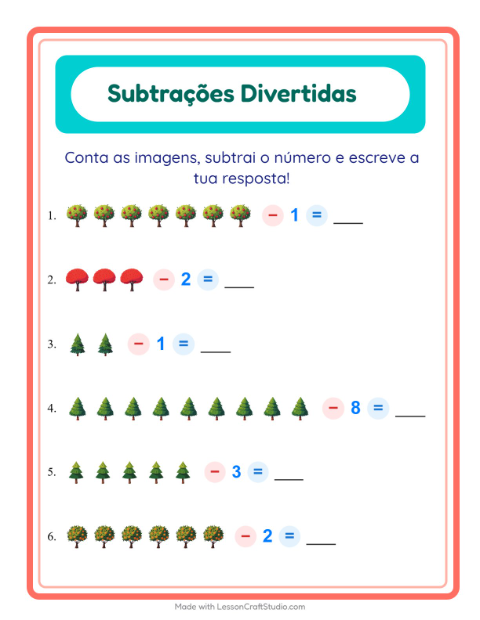 Pré-visualização da ficha de Subtração com Árvores para Educação infantil (pré-escola, 5-7 anos)