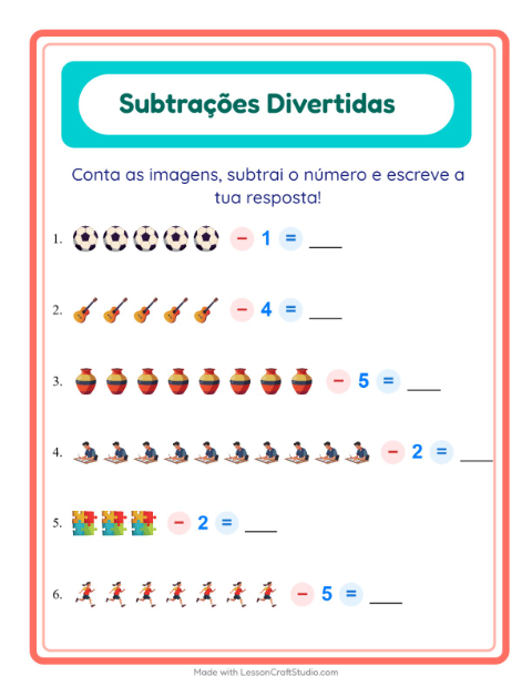 Pré-visualização da ficha de Subtração com Atividades para Educação infantil (pré-escola, 5-7 anos)