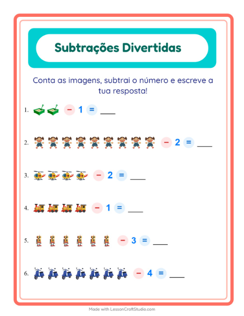 Pré-visualização da ficha de Subtração com Brinquedos para Educação infantil (pré-escola, 5-7 anos)