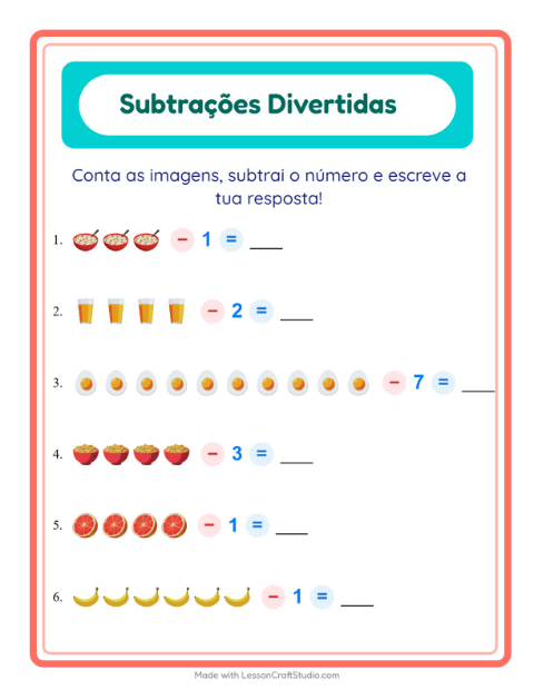 Pré-visualização da ficha de Subtração com Café da manhã para Educação infantil (pré-escola, 5-7 anos)
