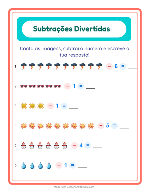 Pré-visualização da ficha de Subtração com Clima para Educação infantil (pré-escola, 5-7 anos)