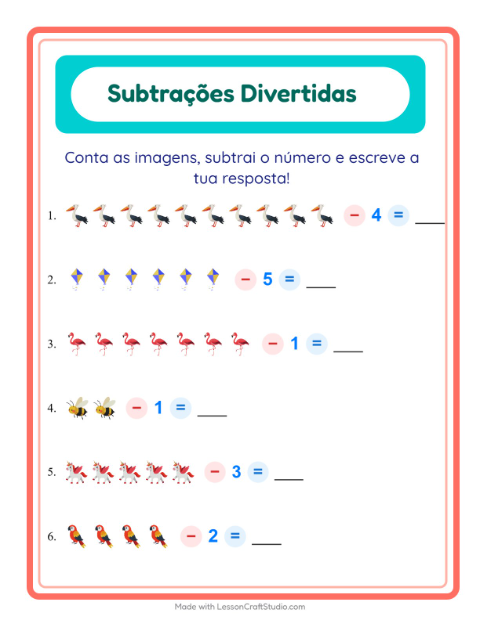 Pré-visualização da ficha de Subtração com Coisas que voam para Educação infantil (pré-escola, 5-7 anos)