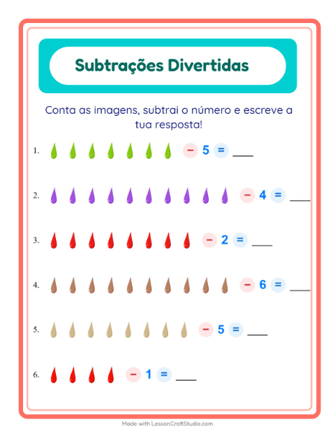 Pré-visualização da ficha de Subtração com Cores para Educação infantil (pré-escola, 5-7 anos)