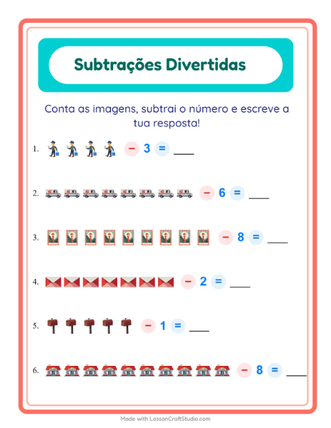 Pré-visualização da ficha de Subtração com Correios para Educação infantil (pré-escola, 5-7 anos)