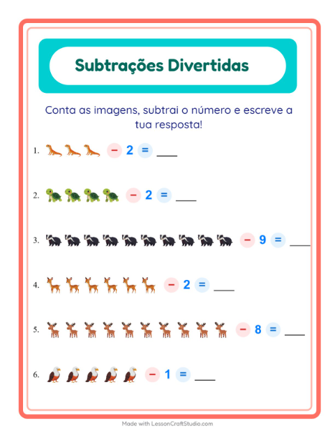 Pré-visualização da ficha de Subtração com Criaturas da floresta para Educação infantil (pré-escola, 5-7 anos)