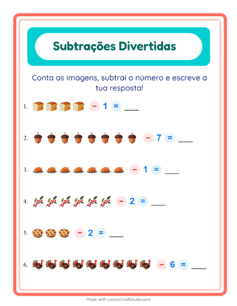 Pré-visualização da ficha de Subtração com Dia de Ação de Graças para Educação infantil (pré-escola, 5-7 anos)