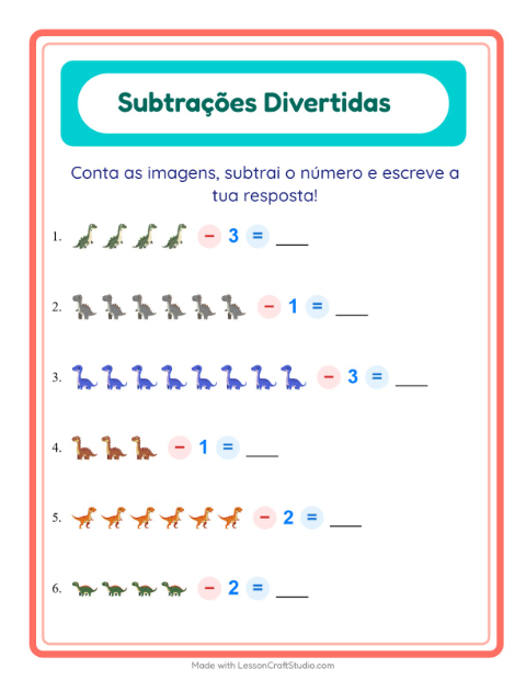Pré-visualização da ficha de Subtração com Dinossauros para Educação infantil (pré-escola, 5-7 anos)